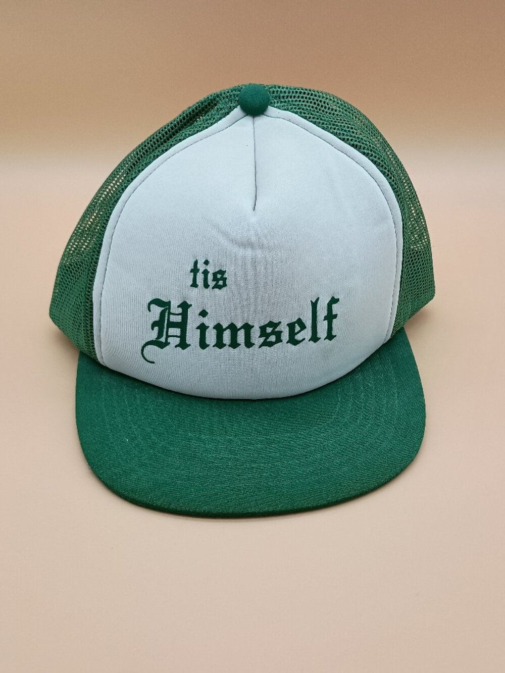 Vintage Trucker Hat Snapback 'Tis Himself Foam Front White Green 70s/80s Dadcore